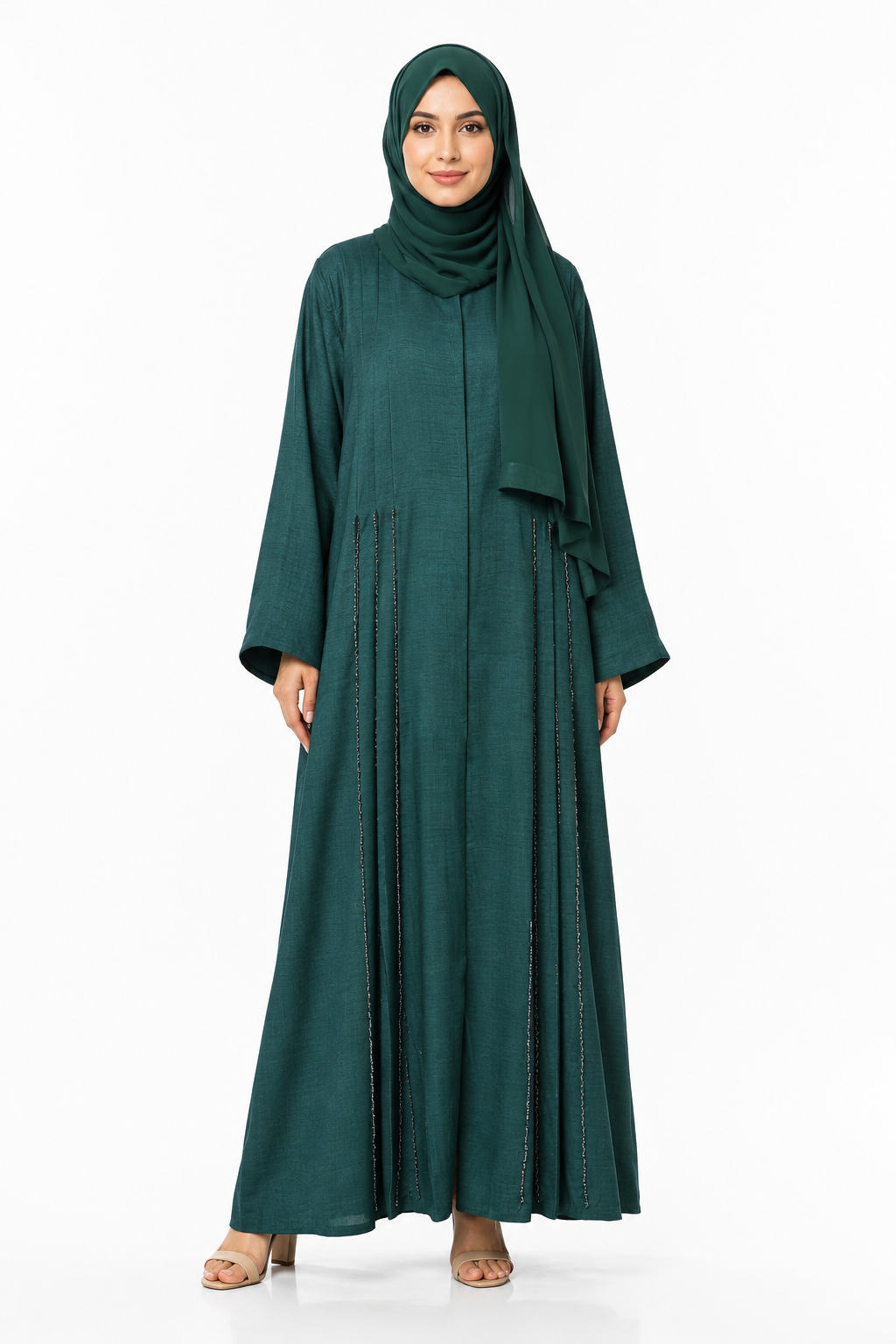 Emerald Green Pintuck Beaded Straight Abaya